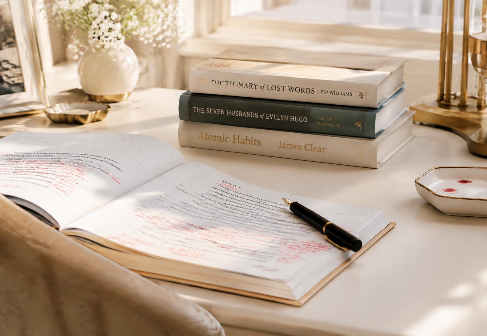 Editorial desk with an edited manuscript, fountain pen and books